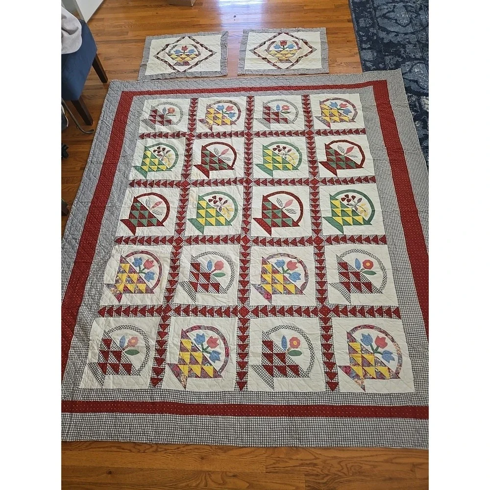 Vtg Grannycore Cottagecore Flower Basket Quilt Handmade Stiched 88